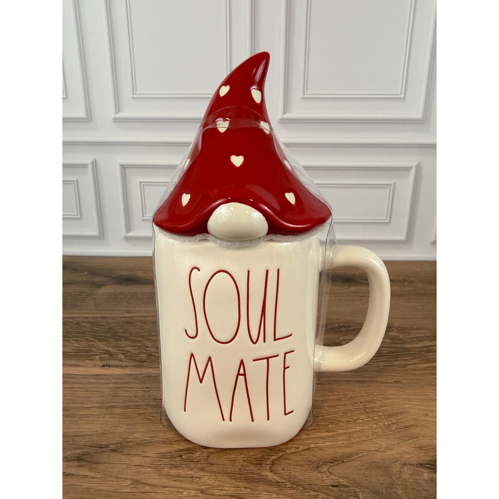 NEW Rae Dunn "Soul Mate" LL White Red Lidded‎ Gnome Mug 8" Tall